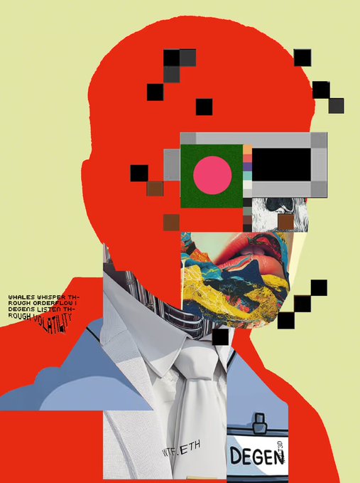 The image features a collage of various elements that create an interesting visual effect. At the center of the image, there's a man wearing a suit with a tie, giving off a professional appearance. The background is predominantly yellow, which contrasts with the red color of the man's face and adds to the overall visual impact. The image also includes text such as "Yellow background, red merch." and "Minting this @R3ORDR was destiny it seems," suggesting that the collage might be related to a marketing campaign or promotional material for a product or service.