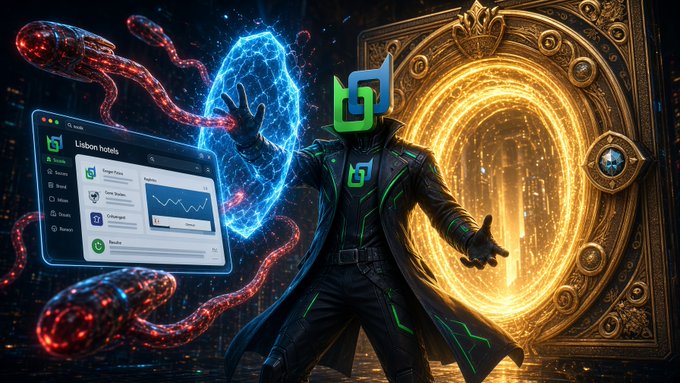 A digital fantasy artwork features a hooded figure with a green and blue logo on its face, surrounded by glowing portals, red energy tendrils, and a dashboard displaying 'Liston hotels'.