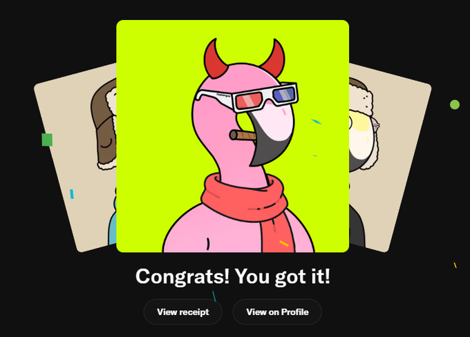 A digital card display celebrates a successful NFT purchase from the @Flamingos_ETH collection, featuring a cartoon flamingo character wearing devil horns, 3D glasses, and a red scarf with a cigar on a bright yellow background. The text reads "Congrats! You got it!" with options to "View receipt" and "View on Profile," aligning with the post announcing a 25-piece purchase to support the project.