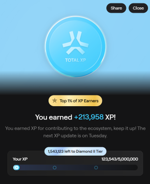 A mobile app screen showing 'TOTAL XP' earned +213,958 XP with 'Top 1% of XP Earners' badge and progress bar (1,543,183/5,000,000).