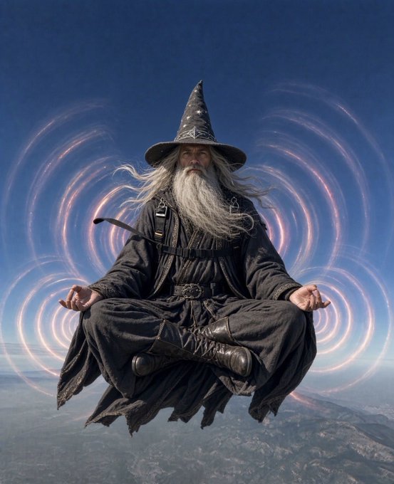 A wizard with a long white beard and a pointed hat meditates in a cross-legged levitating position above a landscape, surrounded by glowing pink magical circles against a blue sky.