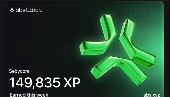 A promotional graphic from Abstract showing 'Sebycore' earned 149,835 XP this week, featuring a green geometric 3D logo and the website 'abs.xyz'.
