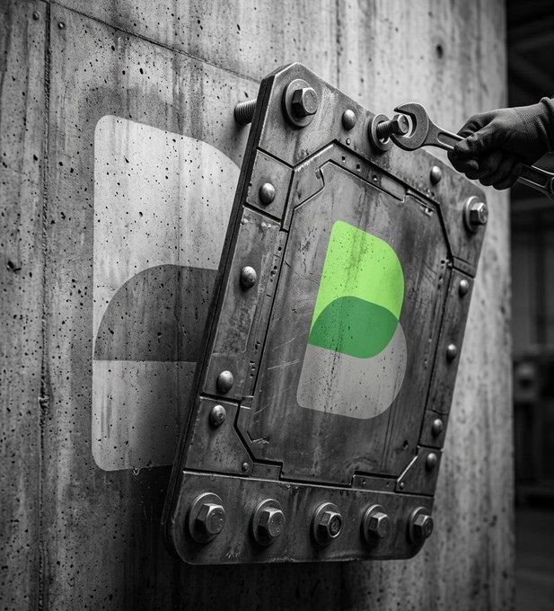 A gloved hand tightens a bolt on a heavy, metallic door marked with the BOBA token logo, set against a weathered concrete wall in an industrial black-and-white setting. The image reinforces the post's message by visually representing strength, security, and bullish momentum for BOBA on Bybit.