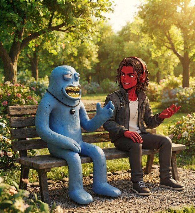 A blue blob-like creature with a beaded necklace and a red-skinned figure wearing headphones sit together on a wooden park bench, appearing deep in conversation amid a sunlit garden setting. The whimsical, otherworldly characters convey a friendly, communal "good morning" vibe, matching the upbeat "GM GM Everyone" greeting.
