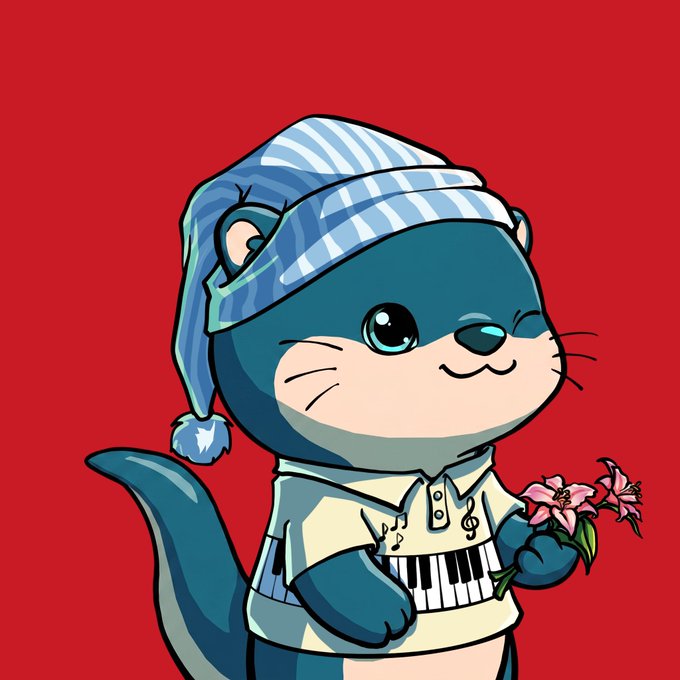 A cartoon illustration of an otter wearing a striped nightcap and a shirt featuring piano keys holds a pink lily against a solid red background.