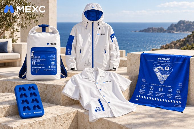 Promotional product display for MEXC cryptocurrency exchange showing branded merchandise including a white drawstring bag, blue and white windbreaker jacket, white button-up shirt, blue silicone ice cube tray, and blue travel blanket, arranged on stone steps with an ocean view in the background.