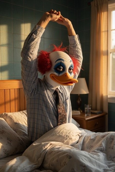 The image features a man wearing a clown mask while sitting on a bed with white sheets. He has his arms raised above his head as if he's stretching or waking up from sleep, possibly after a long night of work or play. The caption provided suggests that Quackers A new day brings another chance to create value and strengthen one's reputation by consistently sharing insights that matter. This can be achieved through meaningful interactions with others on @wallchain, where every interaction contributes to something bigger than oneself.