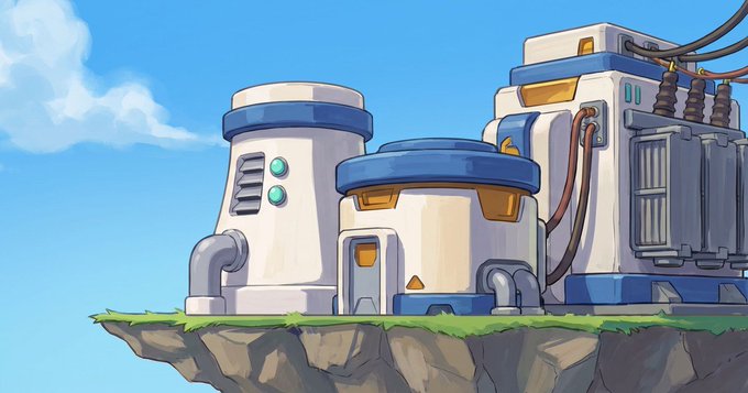 An anime-style illustration of a futuristic facility with white and blue cylindrical buildings and electrical towers on a floating grassy platform against a bright sky.