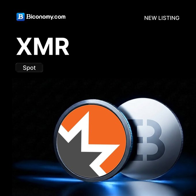 An announcement graphic shows 'XMR' as a new spot listing on Biconomy.com, featuring 3D renderings of Monero and Bitcoin coins.