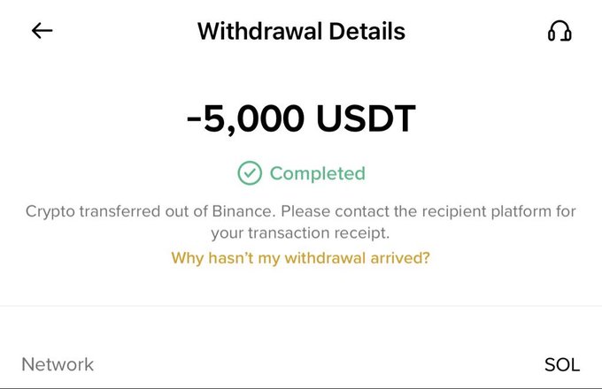 A mobile screenshot showing a completed withdrawal of -5,000 USDT via the SOL network from a cryptocurrency exchange, with a message stating 'Crypto transferred out of Binance'.