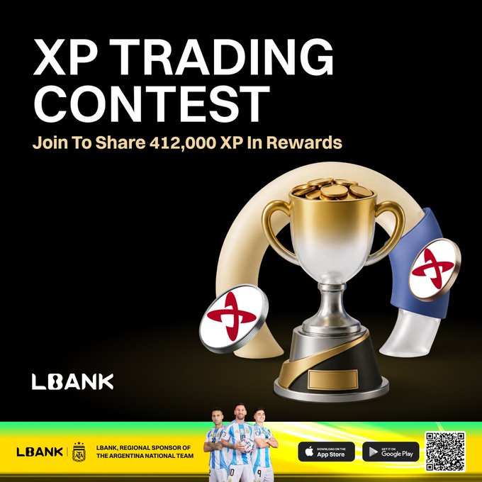 The image is a promotional banner for LBank's "XP Trading Contest," offering participants a share of 412,000 XP in rewards, featuring a golden trophy alongside trading-themed graphics and noting LBank as a regional sponsor of the Argentina National Team. The banner encourages users to start trading from just 10 USDT to climb the leaderboard for a chance to win up to 20,000 XP at the top spot, with a QR code and app download links provided for easy access to the contest.