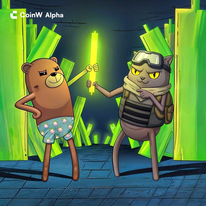 A cartoon illustration branded 'CoinW Alpha' featuring a bear in boxer shorts and a cat in tactical gear exchanging a glowing green candlestick in a neon environment.