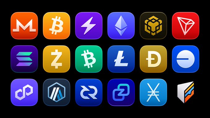 The image features a collection of 16 different logos, each representing various cryptocurrencies or blockchain platforms. These logos are arranged in two rows against a black background, with some overlapping one another. The first row includes logos for Bitcoin, Ripple, Litecoin, and Ethereum, while the second row consists of logos for Litecoin, Bitcoin Cash, and Dash. The image also contains text that reads "only on @cakewallet you get support for all these networks in just 1 app". This suggests that the image is related to cryptocurrency or blockchain technology, possibly promoting a specific platform or service.