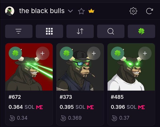 A digital NFT collection page displays "the black bulls" with three cartoon bull NFTs (#672, #373, #485) priced between 0.364-0.396 SOL and $0.34-$0.37, each featuring a green four-leaf clover icon, illustrating the "black bulls" collection mentioned in the post highlighting a $26 floor price and ties to the $ANSEM community.
