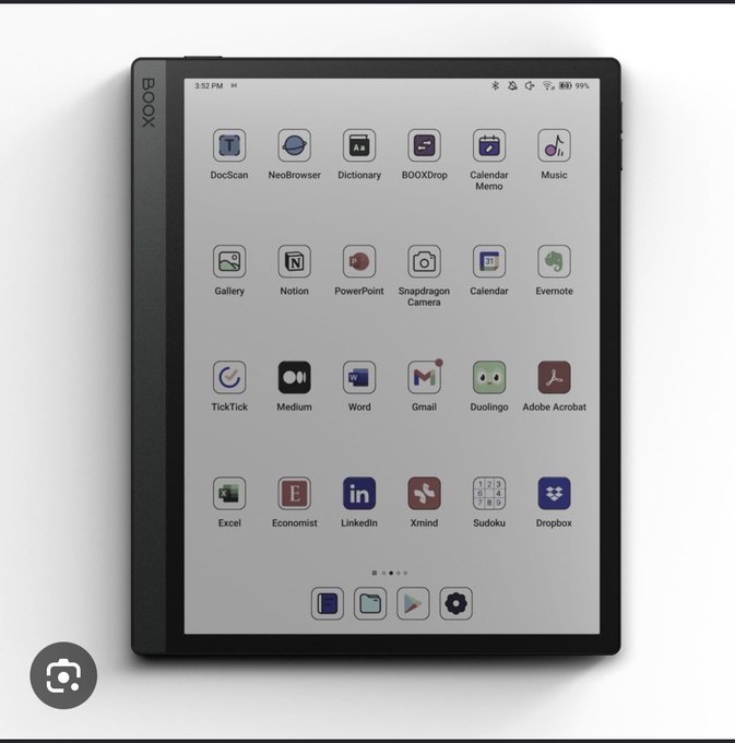 A BOOX tablet displays an app library with labeled icons including DocScan, NeoBrowser, Dictionary, BOXDrop, Calendar Memo, Music, Gallery, Notion, PowerPoint, Snapdragon Camera, Evernote, TickTick, Medium, Word, Gmail, Duolingo, Adobe Acrobat, Excel, The Economist, LinkedIn, Xmind, Sudoku, and Dropbox. The prominent vertical “BOOX” branding on the device directly matches the accompanying “Boox” post.