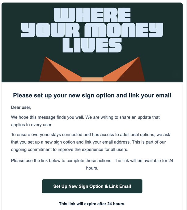 A phishing-style email with the header 'WHERE YOUR MONEY LIVES' asking the user to set up a new sign option and link their email via a button that expires in 24 hours.