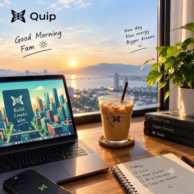 A 'Good Morning Fam' themed promotional image for 'Quip' featuring a workspace with a laptop displaying 'Build. Create. Win.', an iced coffee, a to-do list, and a sunset cityscape view.