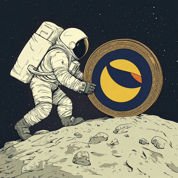 An illustration of an astronaut on the moon pushing a large golden coin featuring the Terra (LUNA) cryptocurrency logo against a starry space backdrop.