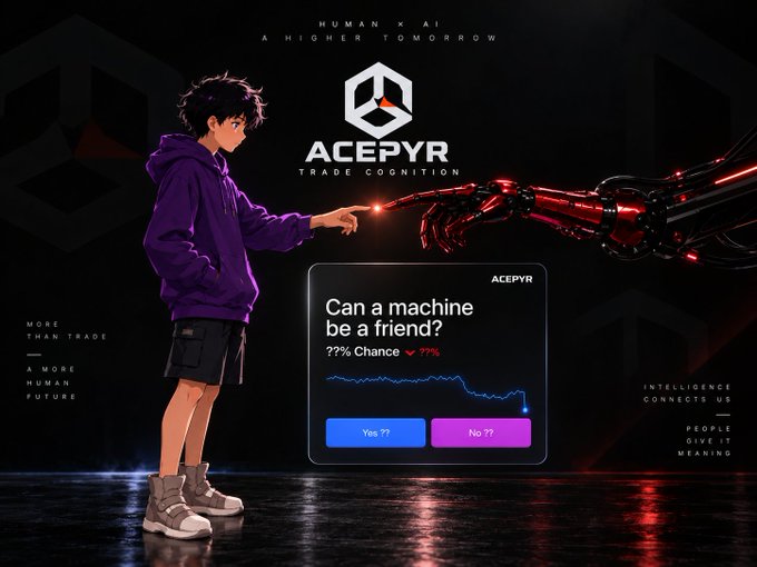 An anime-style promotional graphic for 'ACEPYR TRADE COGNITION' featuring a character in a purple hoodie touching a robotic hand, with a poll asking 'Can a machine be a friend? 99% Chance'.