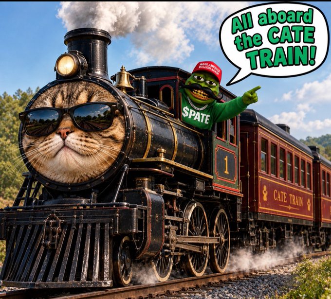 A surreal digital artwork shows a steam locomotive with a cat's face wearing sunglasses on the front, accompanied by a green-shirted character labeled "Spate" pointing toward a speech bubble reading "All aboard the CATE TRAIN!"