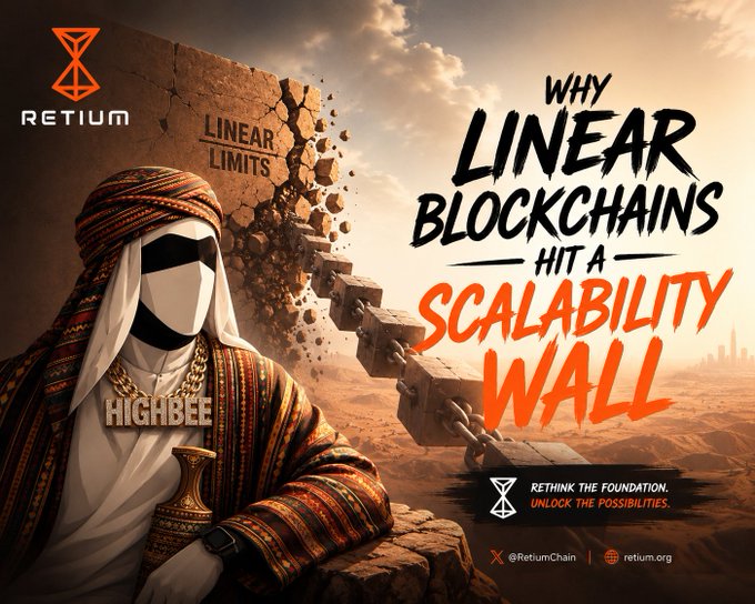 A promotional banner for Retium Chain asking "WHY LINEAR BLOCKCHAINS HIT A SCALABILITY WALL" featuring an image of a person in traditional Arab headdress wearing "HIGHBEE" jewelry next to a crumbling wall labeled "LINEAR LIMITS."