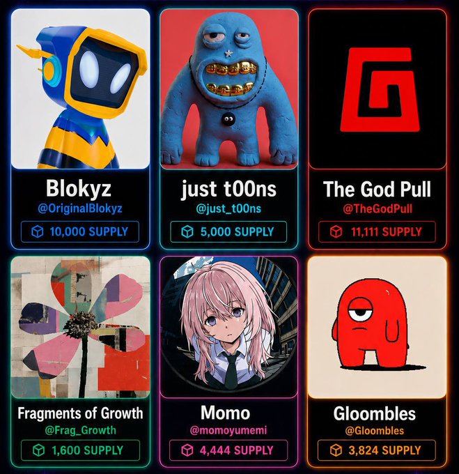 The image displays a grid of six Ethereum NFT projects with their names, handles, and supply numbers: Blokyz (@OriginalBlokyz, 10,000 supply), just t00ns (@just_t00ns, 5,000 supply), The God Pull (@TheGodPull, 11,111 supply), Fragments of Growth (@Frag_Growth, 1,600 supply), Momo (@momoyumemi, 4,444 supply), and Gloombles (@Gloombles, 3,824 supply).

This visually supports the post's claim that Ethereum NFTs have gone quiet amid Robinhood NFT hype, showcasing the specific projects the author is bullish on to bring attention back to the Ethereum ecosystem.