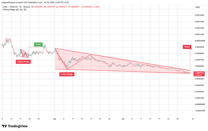 A TradingView chart for LUNC/USDT featuring 'Falling Wedge' patterns and targets near 0.00008000 and 0.00009000.