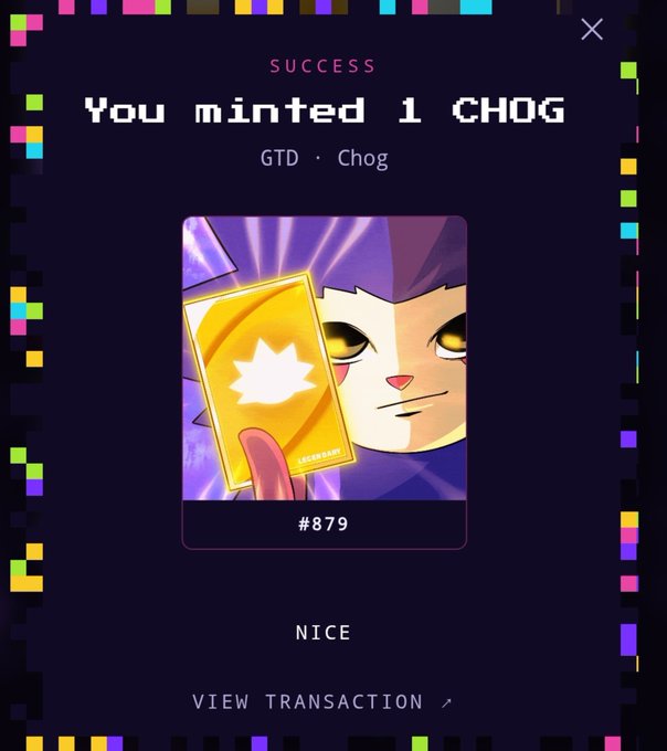 A successful NFT mint confirmation screen displays "You minted 1 CHOG" with a pixelated purple-hooded character holding a yellow card, labeled as #879 from the GTD collection. The post celebrates acquiring this CHOG NFT while hoping to eventually obtain a rarer legendary version.