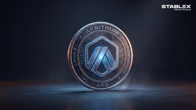 A close-up rendering of an Arbitrum (ARB) cryptocurrency coin against a dark background, labeled 'ARBITRUM LAYER 2 DECENTRALIZED' with a 'STABLEX' watermark in the corner.