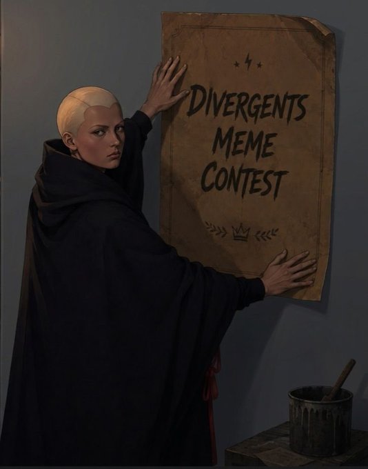 A bald figure in a dark cloak posts a weathered poster reading "DIVERGENTS MEME CONTEST" on a wall, with a paint bucket and brush nearby, visually announcing the launch of the contest.