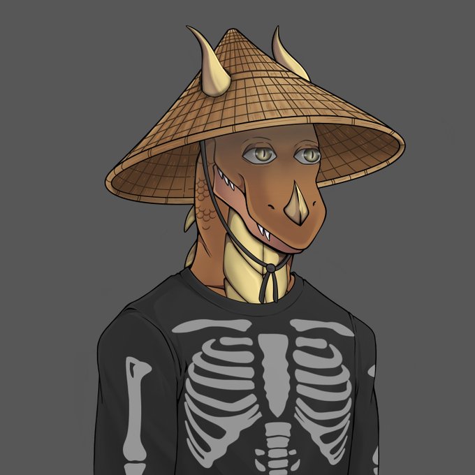 A digital illustration of an anthropomorphic dragon character wearing a traditional conical straw hat (non la) and a black shirt with a white skeleton ribcage design.