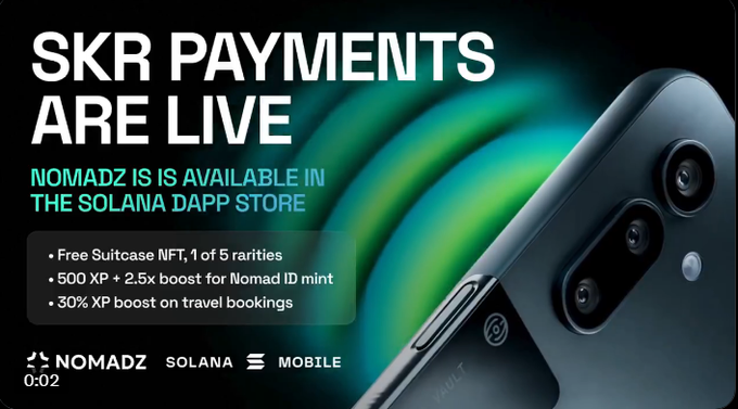 The image is a promotional graphic announcing "SKR PAYMENTS ARE LIVE," highlighting that the Nomadz app is now available in the Solana Dapp Store with perks including a free Suitcase NFT, 500 XP + 2.5x boost for Nomad ID mint, and 30% XP boost on travel bookings. It features the Nomadz and Solana Mobile logos, directly supporting the post's announcement that Nomadz now accepts $SKR payments for hotel bookings via the Solana ecosystem.