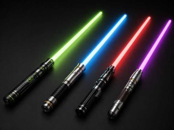 Four glowing toy-like lightsaber props lie diagonally on a black surface, with blades colored green, blue, red, and purple.
