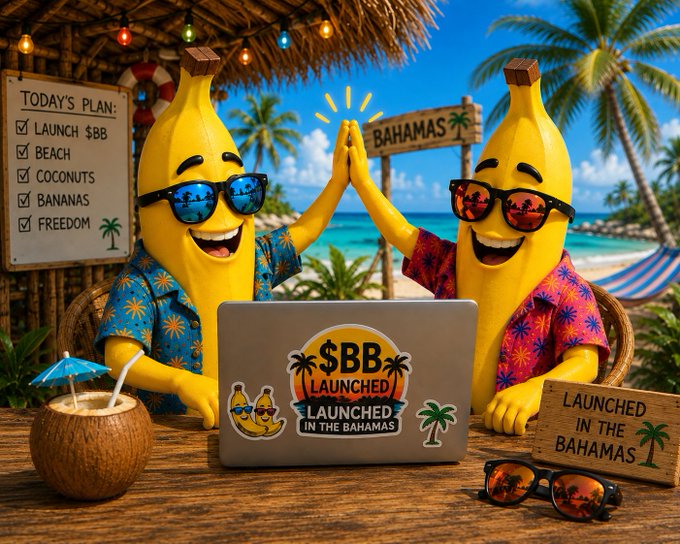 Two anthropomorphic bananas in sunglasses and Hawaiian shirts high-five at a tiki bar on a tropical beach, with a laptop displaying "$BB LAUNCHED IN THE BAHAMAS," wooden signs reading "TODAY'S PLAN: LAUNCH $BB, BEACH, COCONUTS, BANANAS, FREEDOM," and another stating "LAUNCHED IN THE BAHAMAS."
