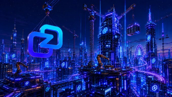 A futuristic neon-lit cyberpunk cityscape bathed in blue and purple light, featuring cranes, skyscrapers, and a glowing Zano logo prominently displayed on the left, symbolizing the project's continuous building and development of upcoming hardforks (HF6 and HF7) and integrations.