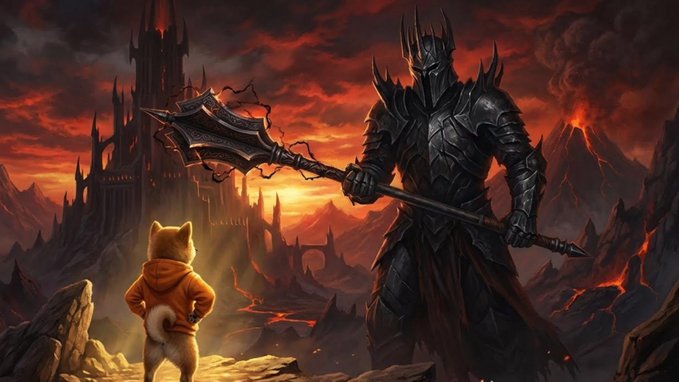 A small, hooded animal-like hero faces an enormous armored dark knight wielding a massive polearm, set against a fiery volcanic landscape and gothic castle.
