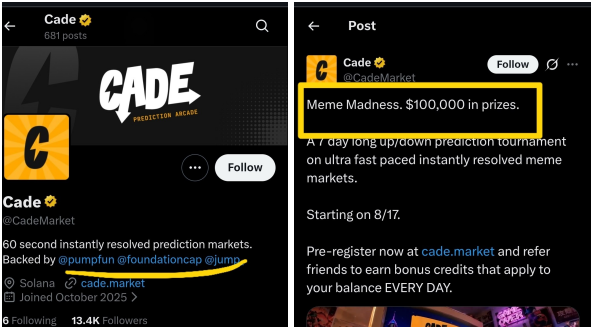 Two X/Twitter screenshots of the Cade (@CadeMarket) account, showing their prediction arcade profile backed by @pumpfun and @foundationcap, and a 'Meme Madness' $100,000 prize tournament starting 8/17.