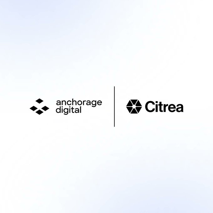 The image features two logos side by side against a white background. The logos are for Anchorage Digital and Citrea, both of which are associated with Bitcoin. The anchorages digital logo has a black and white design featuring a diamond shape, while the Citrea logo is a simple black circle with a white border. Both logos are positioned in the center of the image, making them easily visible against the white background.