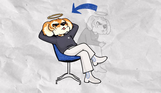 A cartoon illustration on a crumpled paper background shows a dog character with sunglasses and a halo sitting confidently in a chair, with a faded ghostly version of itself behind it and a blue arrow above.