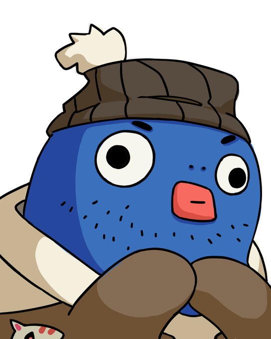 A blue, round cartoon character with wide, expectant eyes and stubble wears a brown knit beanie and winter scarf, shivering with hands tucked under its chin. The character's eager, wide-eyed, almost desperate expression perfectly captures the feeling of desperately waiting for someone to bring up anime in conversation.