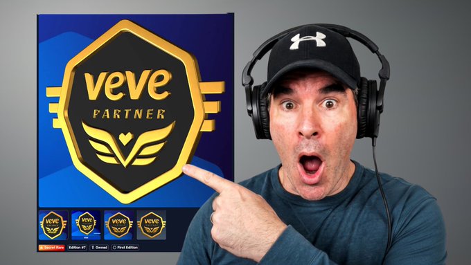 A man wearing an Under Armour cap and headphones points excitedly at a 'VeVe Partner' gold and blue emblem with edition information.
