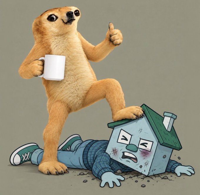 An illustration shows a meerkat holding a coffee mug and giving a thumbs-up while standing over a defeated, bruised house character.