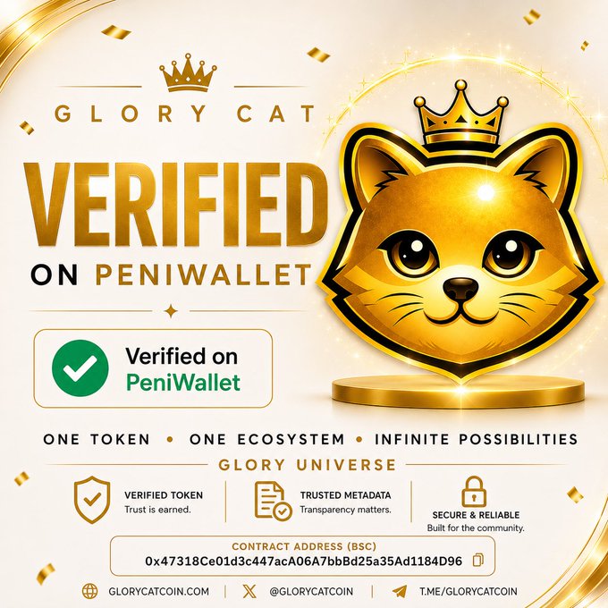 A golden crowned Glory Cat mascot appears alongside "GLORY CAT VERIFIED ON PENIWALLET" text, with the contract address 0x47318Ce01d3c447aC06A7bbBd25a35Ad1184D96 displayed at the bottom. The image illustrates the official verification of the Glory Cat (GCAT) token on PeniWallet, reinforcing the post's announcement of its verified status.