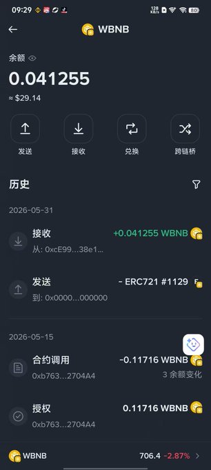 The image shows a phone screen displaying a list of transactions, including one for WBNB (World Bank Group). The screen also has an option to translate the text into Chinese characters.