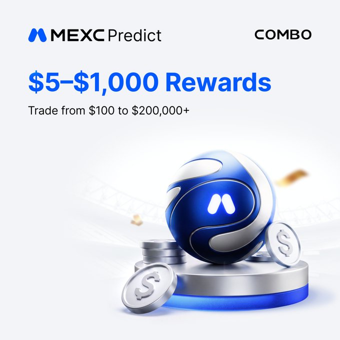 A promotional graphic for MEXC Predict's COMBO event advertises "$5–$1,000 Rewards" for trading volumes ranging from $100 to $200,000+, featuring the MEXC logo atop a stack of silver coins. The image visually reinforces the post's message about unlocking up to $1,000 in rewards through trade activity on the MEXC platform.