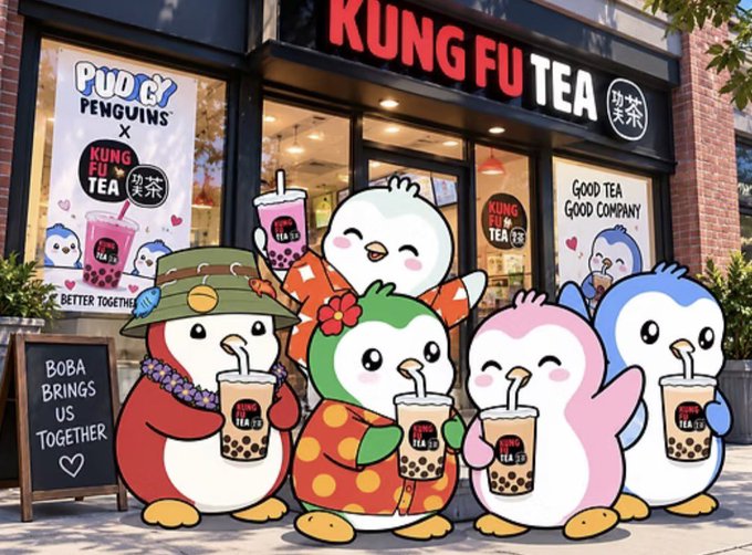 Illustration of cute cartoon penguins in colorful outfits drinking bubble tea in front of a 'KUNG FU TEA' storefront, with signs reading 'PUGGY PENGUINS x KUNG FU TEA', 'BOBA BRINGS US TOGETHER', and 'GOOD TEA GOOD COMPANY'.