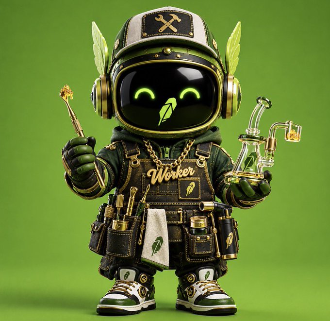 A 3D-rendered green and black worker-themed robot character wearing a cap with crossed tools, a 'Worker' chain, and holding a golden staff and glass bong, with leaf motifs throughout.