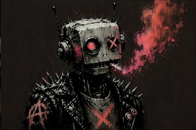 A dark, gritty illustration of a robot with a spiked jacket, one glowing red eye, and an X-marked eye, exhaling red smoke or flames.
