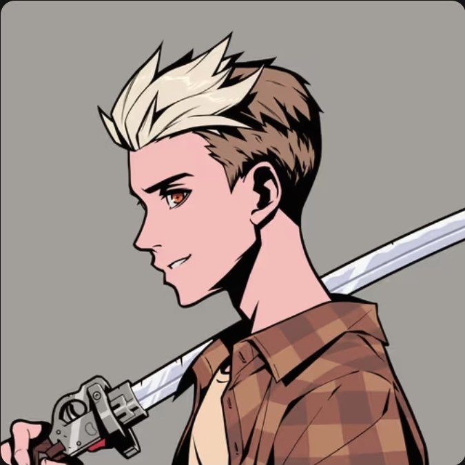 An anime-style illustration of a young man with spiky blonde hair and brown eyes, wearing a plaid shirt, holding a sword over his shoulder.