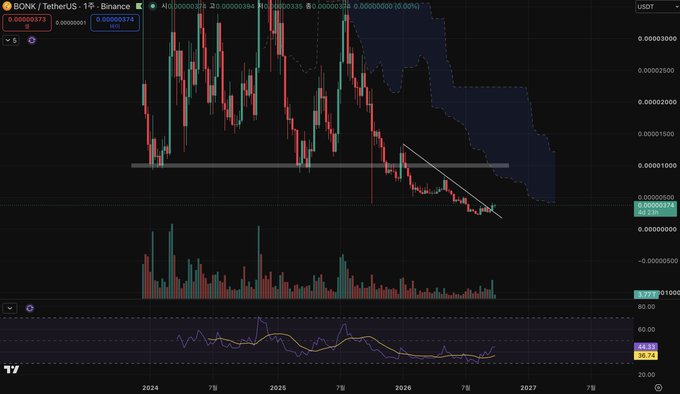 A TradingView candlestick chart for BONK/TetherUS showing a declining price trend with a descending trendline, RSI indicator below, and prices around 0.00000374.